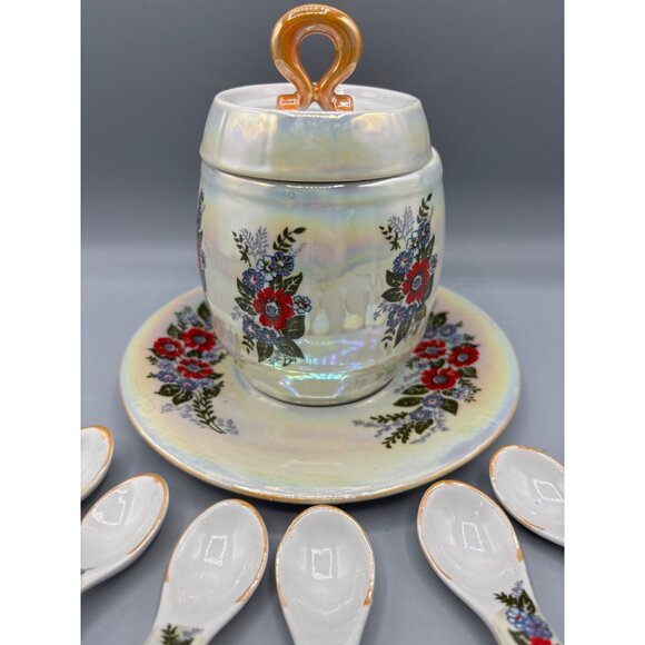 Vtg Honey Jar w 6 Spoons Lustreware Iridescent Floral Ceramic - Picture 5 of 10